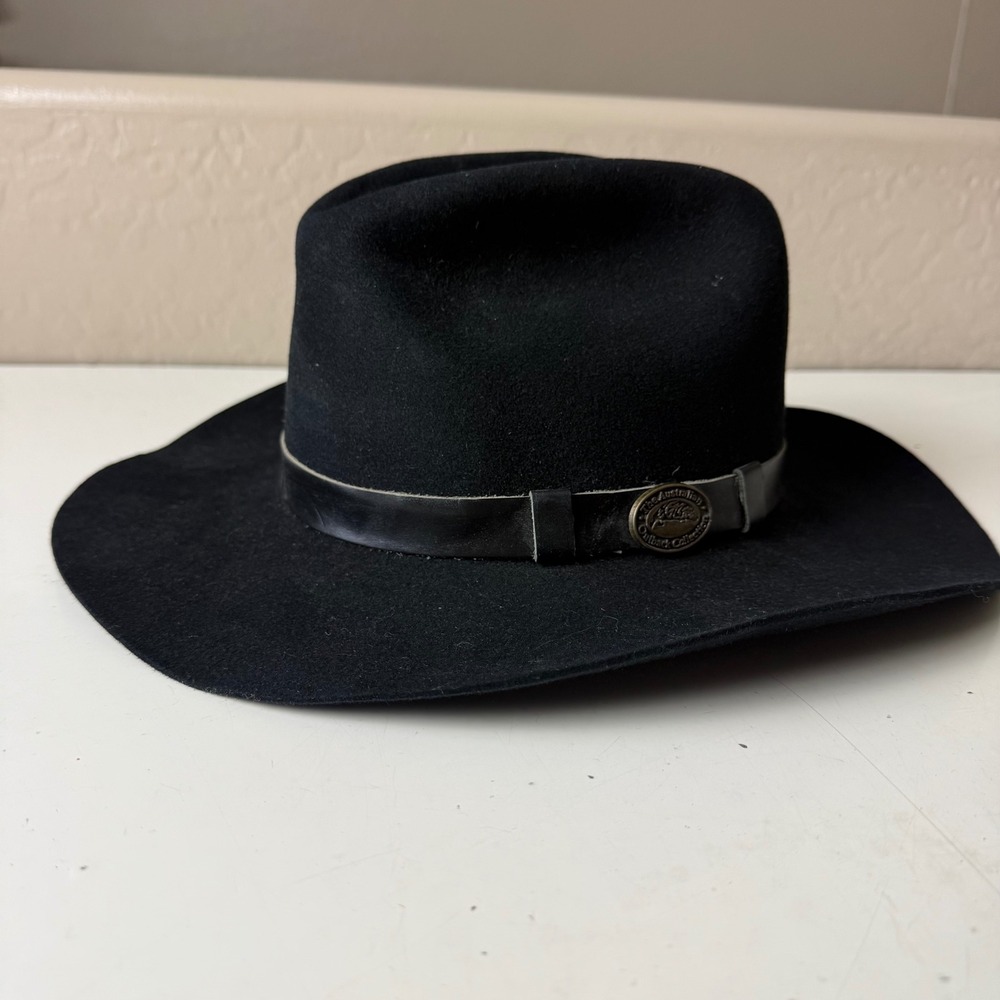 Australian Outback Collection Black Wool Felt Fedora Hat 7 1/8 Made in Australia